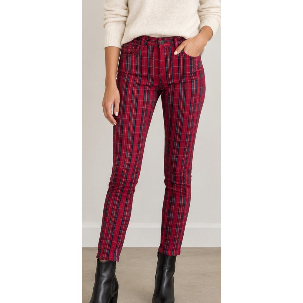 Gap 1969 Always Skinny Red Plaid Mid Rise Pants Women 31/12r Slim Fit Checkered